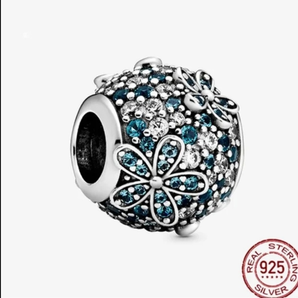 🎆Sterling Silver Crystal Blue Rhinestone Flower Bracelet Charm, fits Pandora - Picture 1 of 5